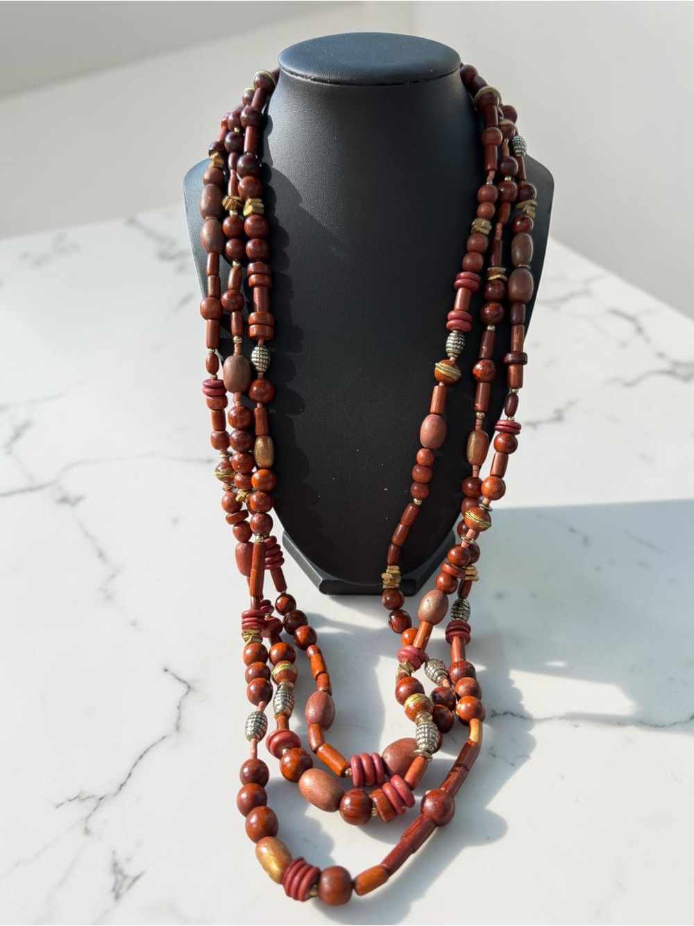 Vintage Artisan Multi-Strand Wood Bead Necklace 70s Boho Terracotta Mixed Metal